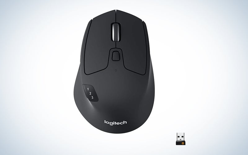 A Logitech M720 Triathlon wireless mouse on a blue and white background
