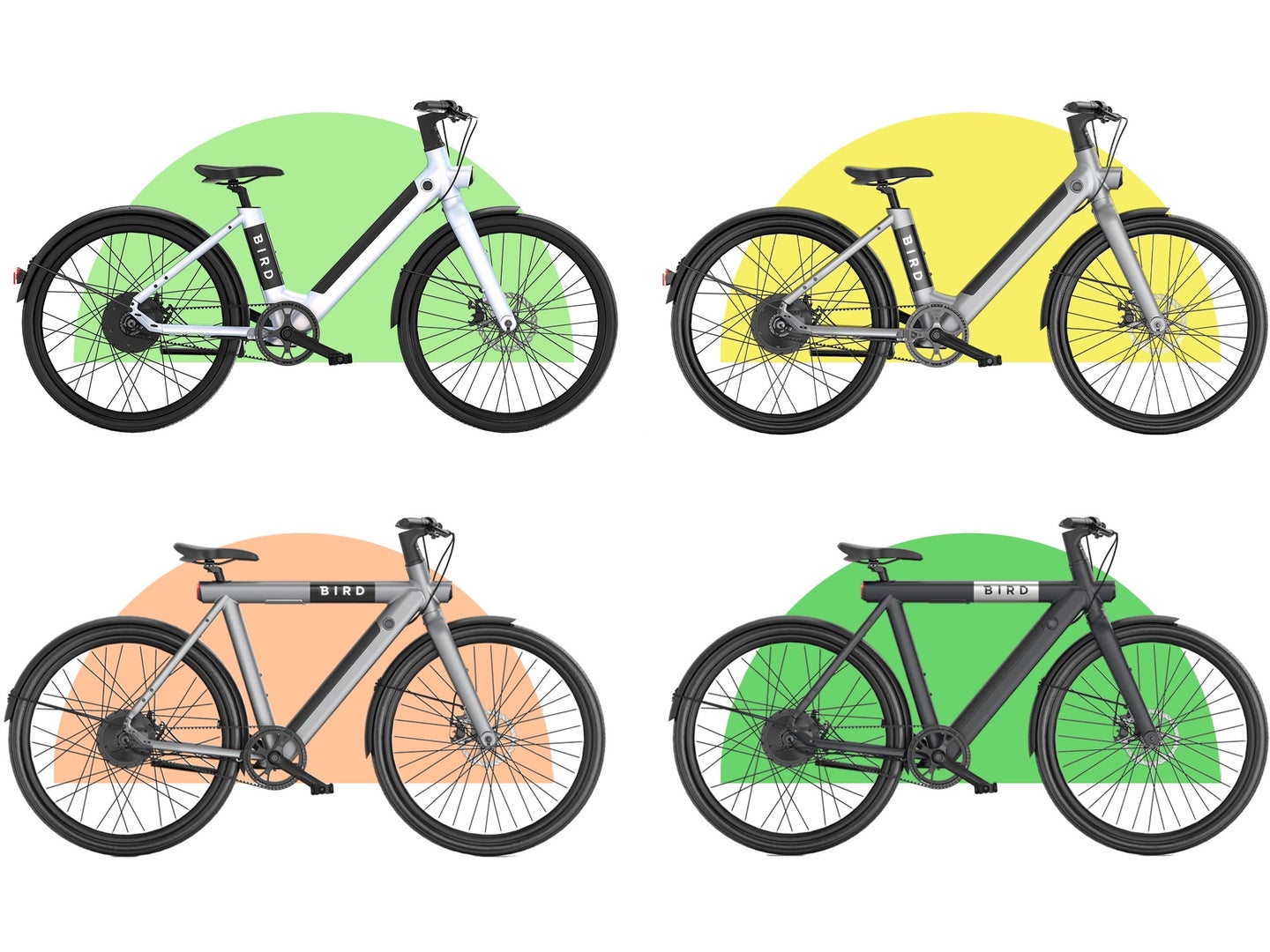 A series of eBikes on a white background