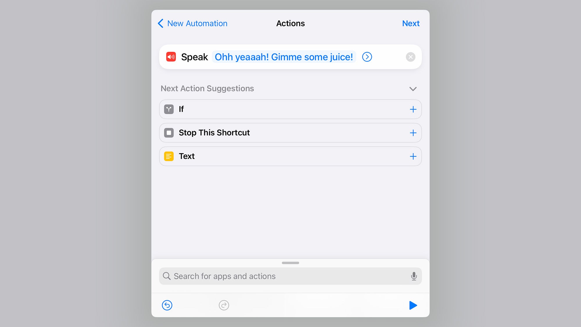 Action customization menu for iPhone automation