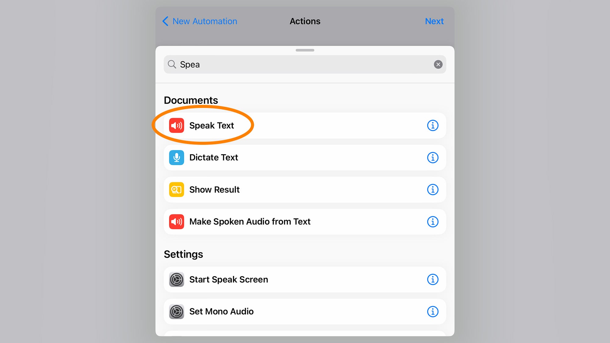Action menu for iPhone automations