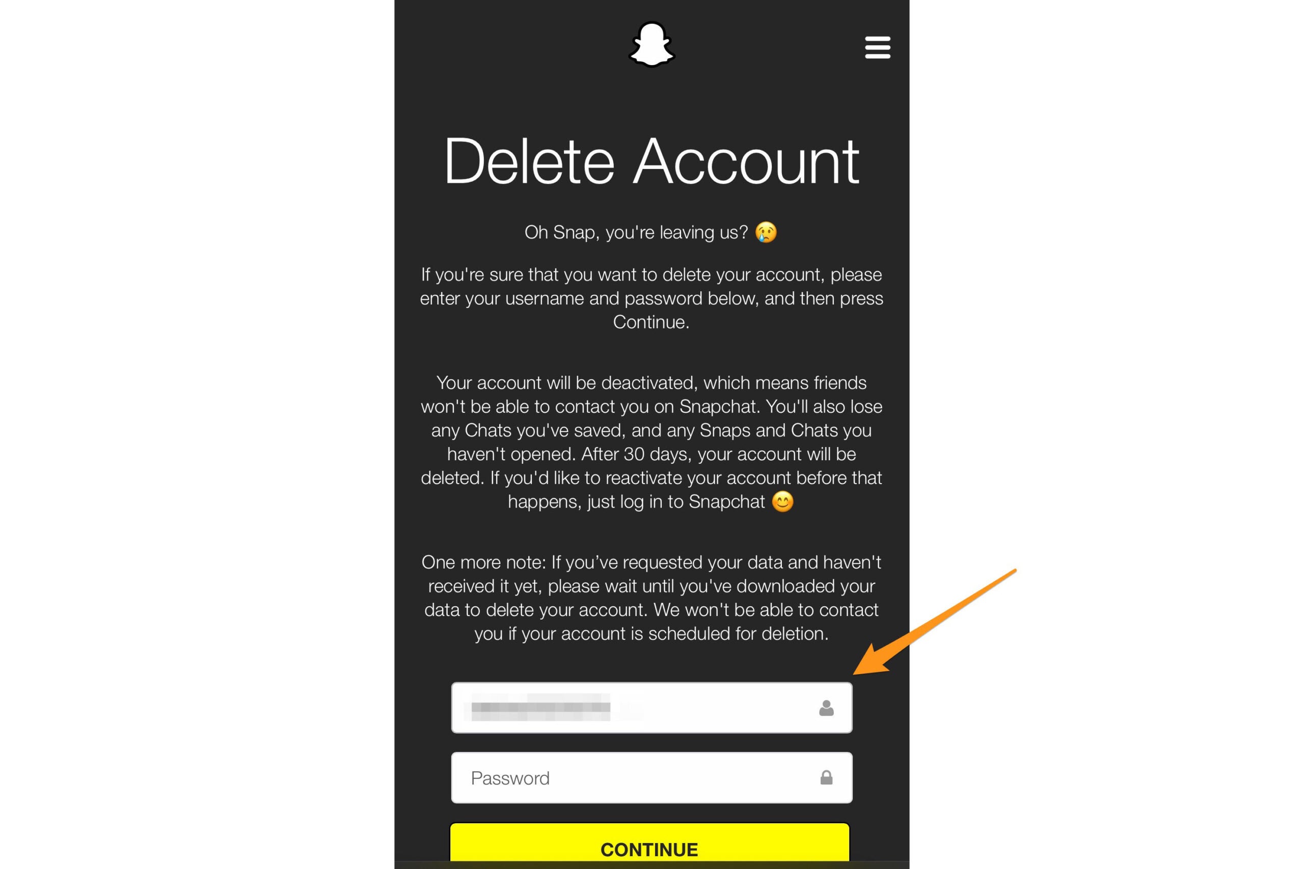 Snapchat's deactivation screen, with information about what it means to delete your Snapchat account.