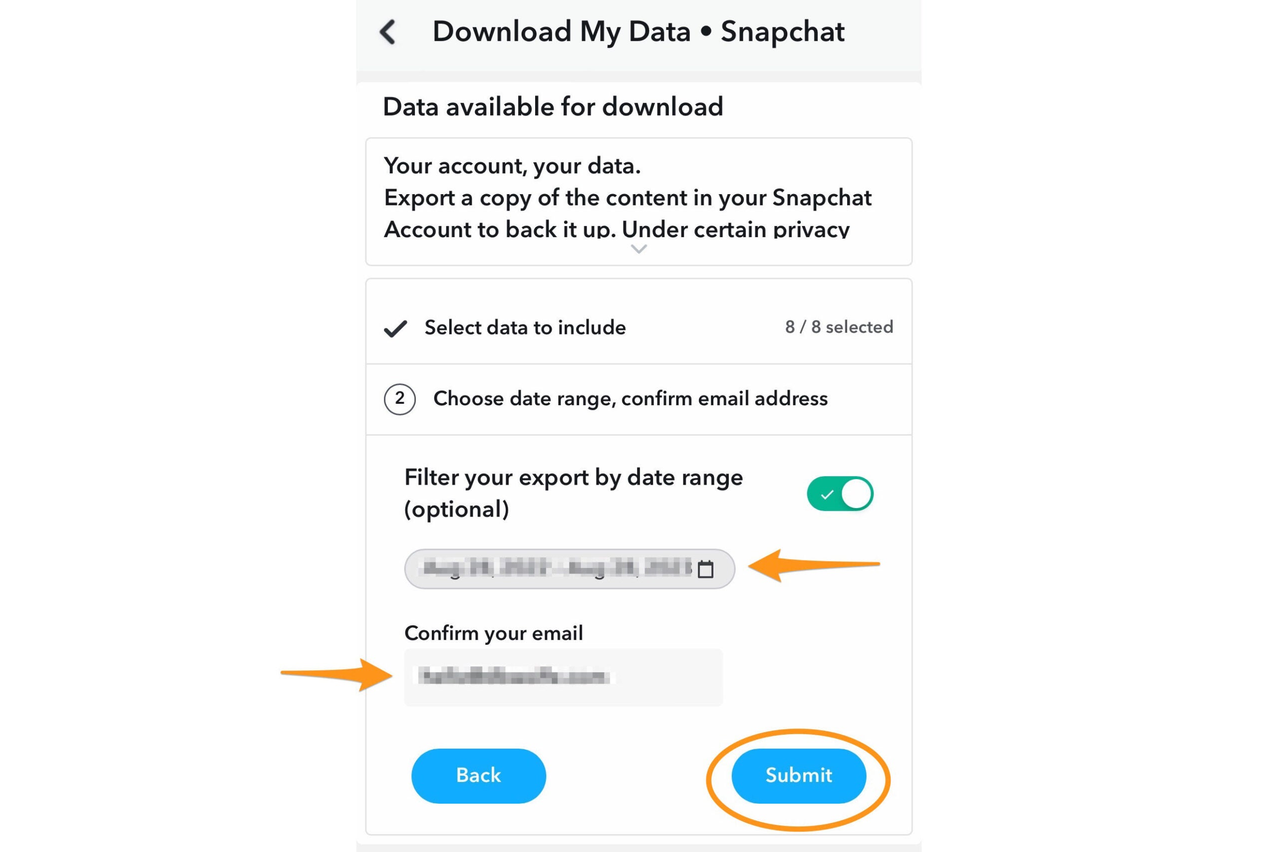 Snapchatデータをダウンロードするための日付範囲オプション。
