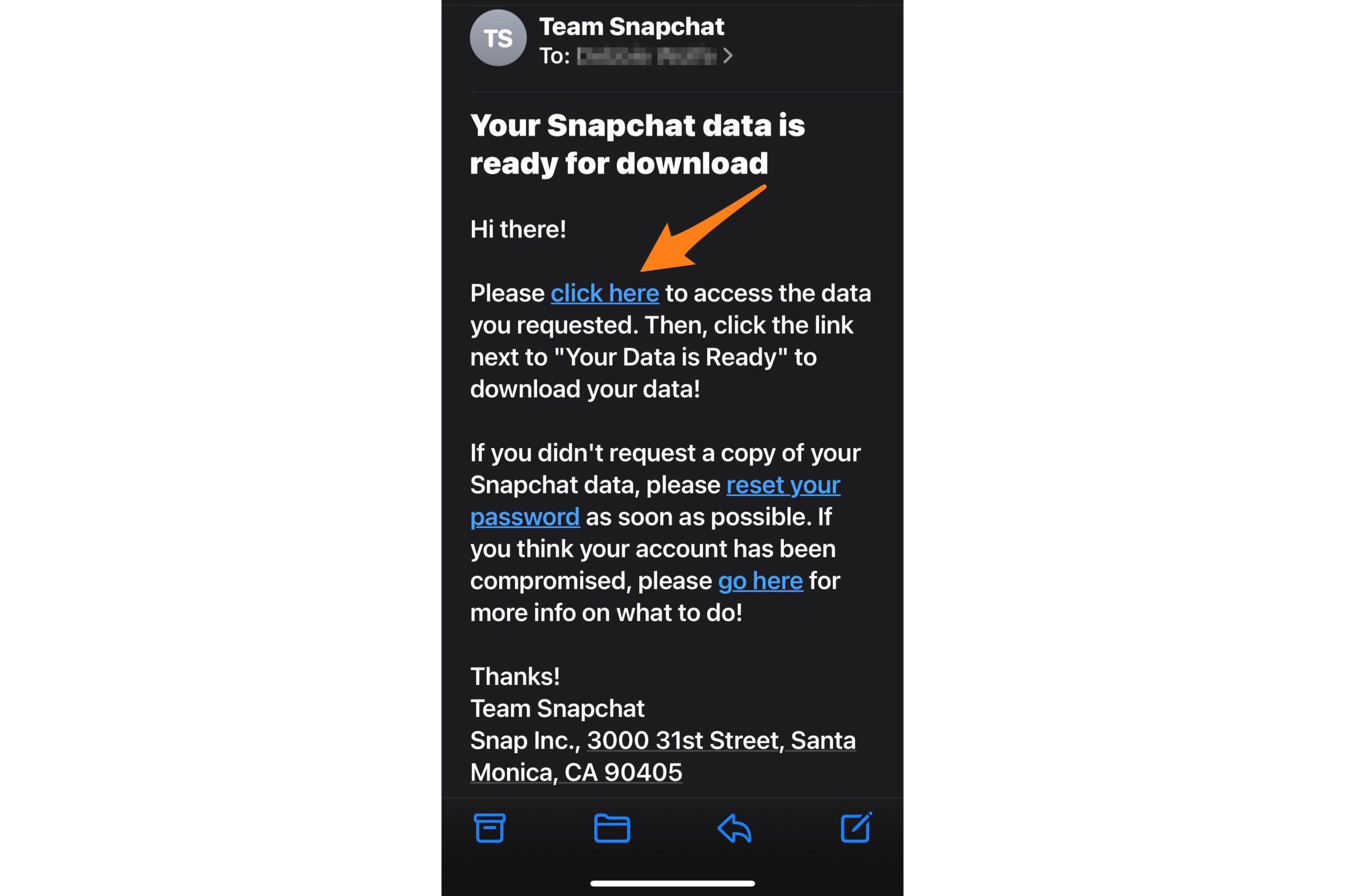 An email sent by Snapchat describing how to download your Snapchat data before deleting your Snapchat account.