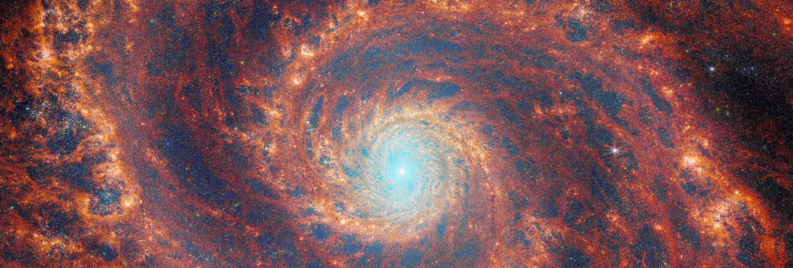 A large spiral galaxy takes up the entirety of the image. The core is mostly bright white, but there are also swirling, detailed structures that resemble water circling a drain. There is white and pale blue light that emanates from stars and dust at the coreâs center, but it is tightly limited to the core. The rings feature colors of deep red and orange and highlight filaments of dust around cavernous black bubbles