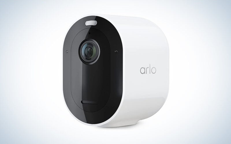 An Arlo Pro 5S 2K outdoor security camera on a blue and white background.