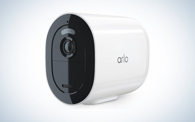An Arlo Go 2 outdoor security camera on a blue and white background