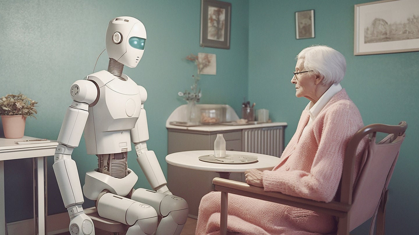 robot doctor talks to elderly person sitting in chair