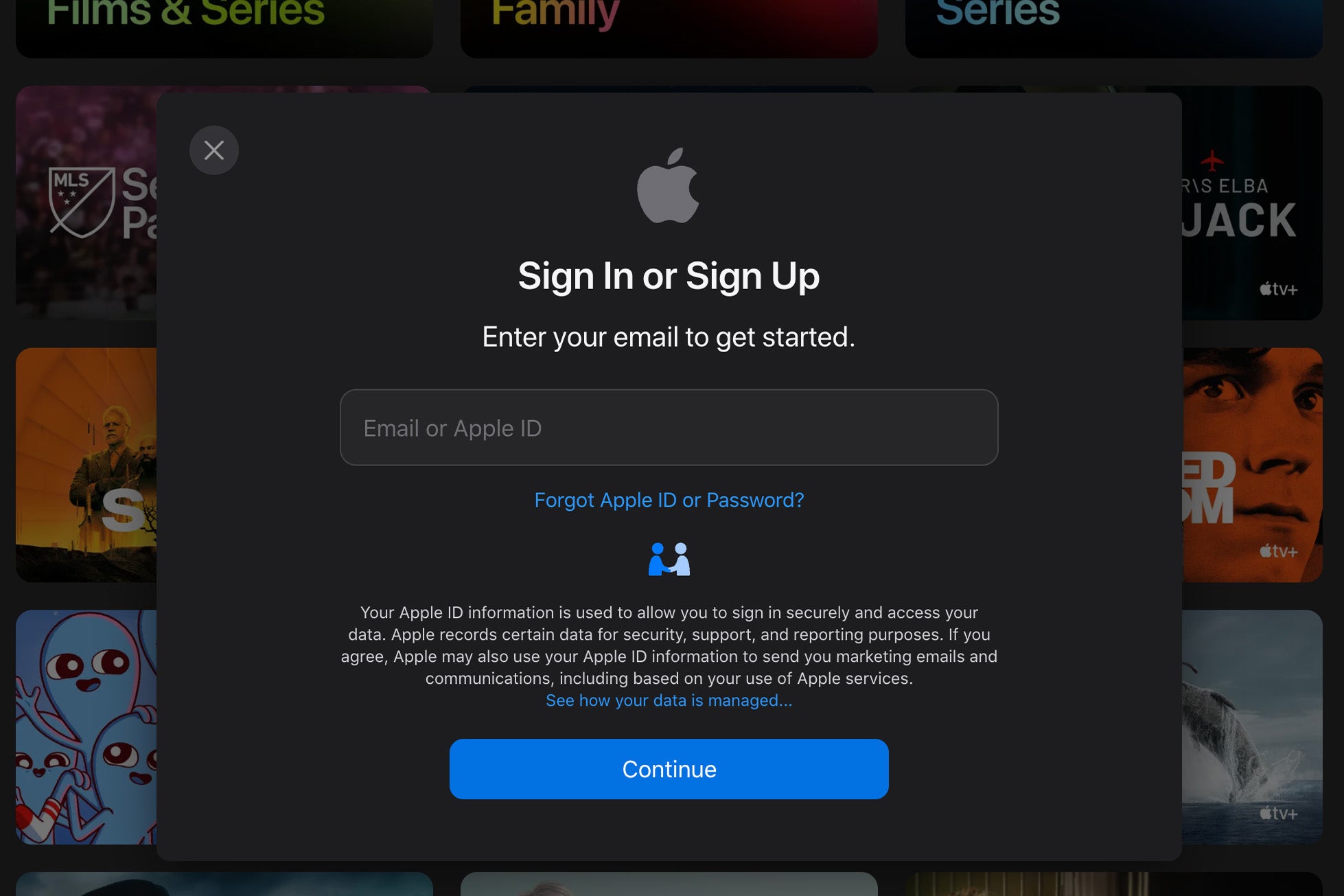 Apple TV internet browser sign in and sign up page