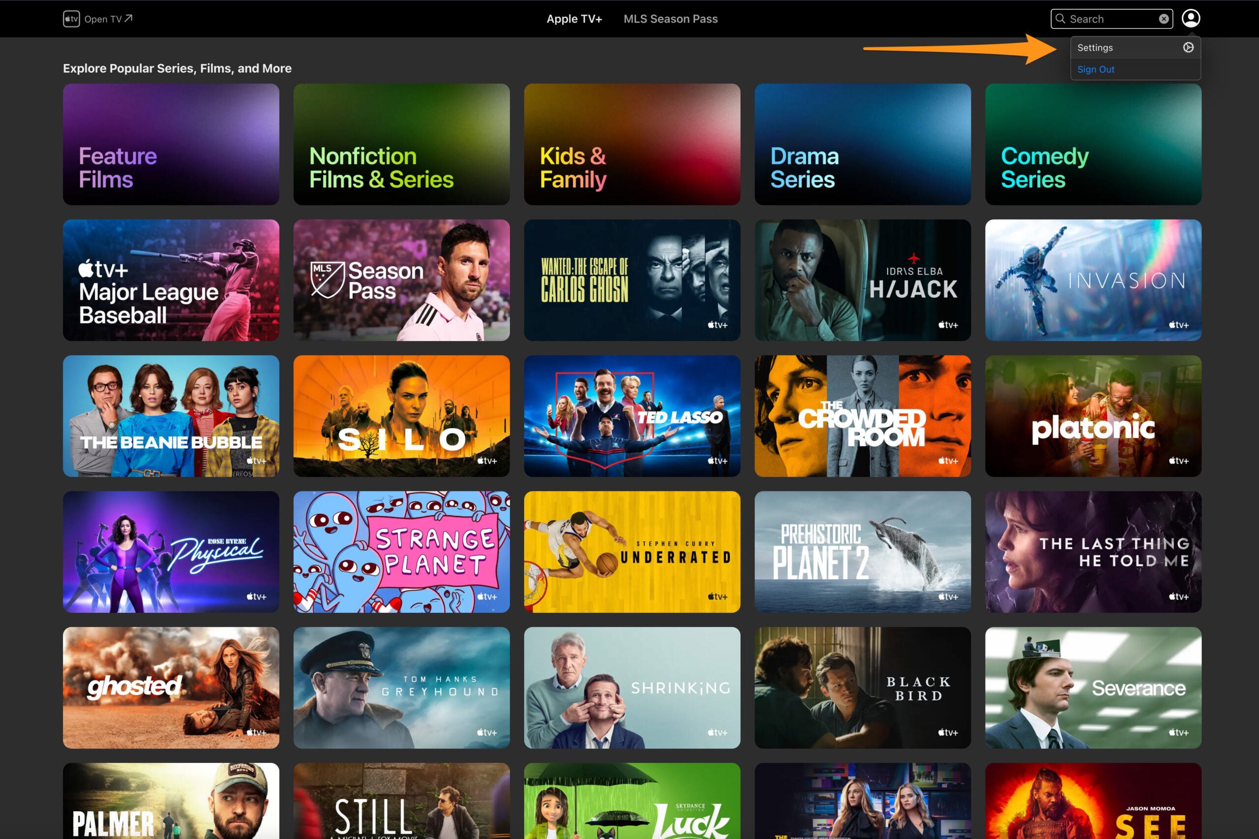 Apple TV internet browser with selection of movies and tv shows.