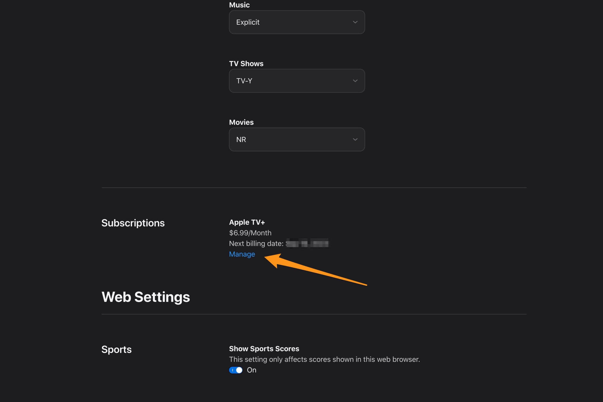 Apple TV internet browser subscriptions setting page