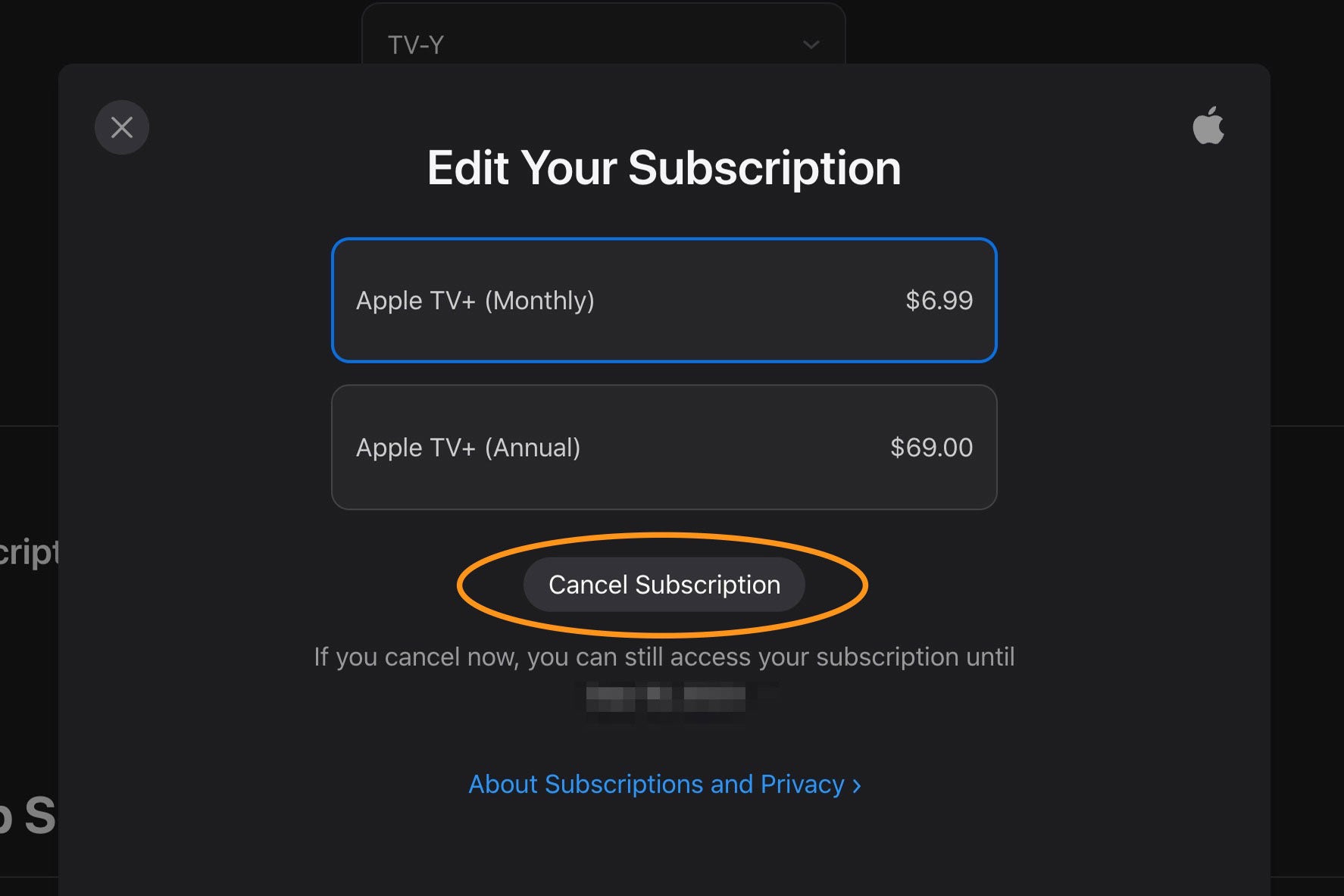 Apple TV internet browser with cancel subscription circled