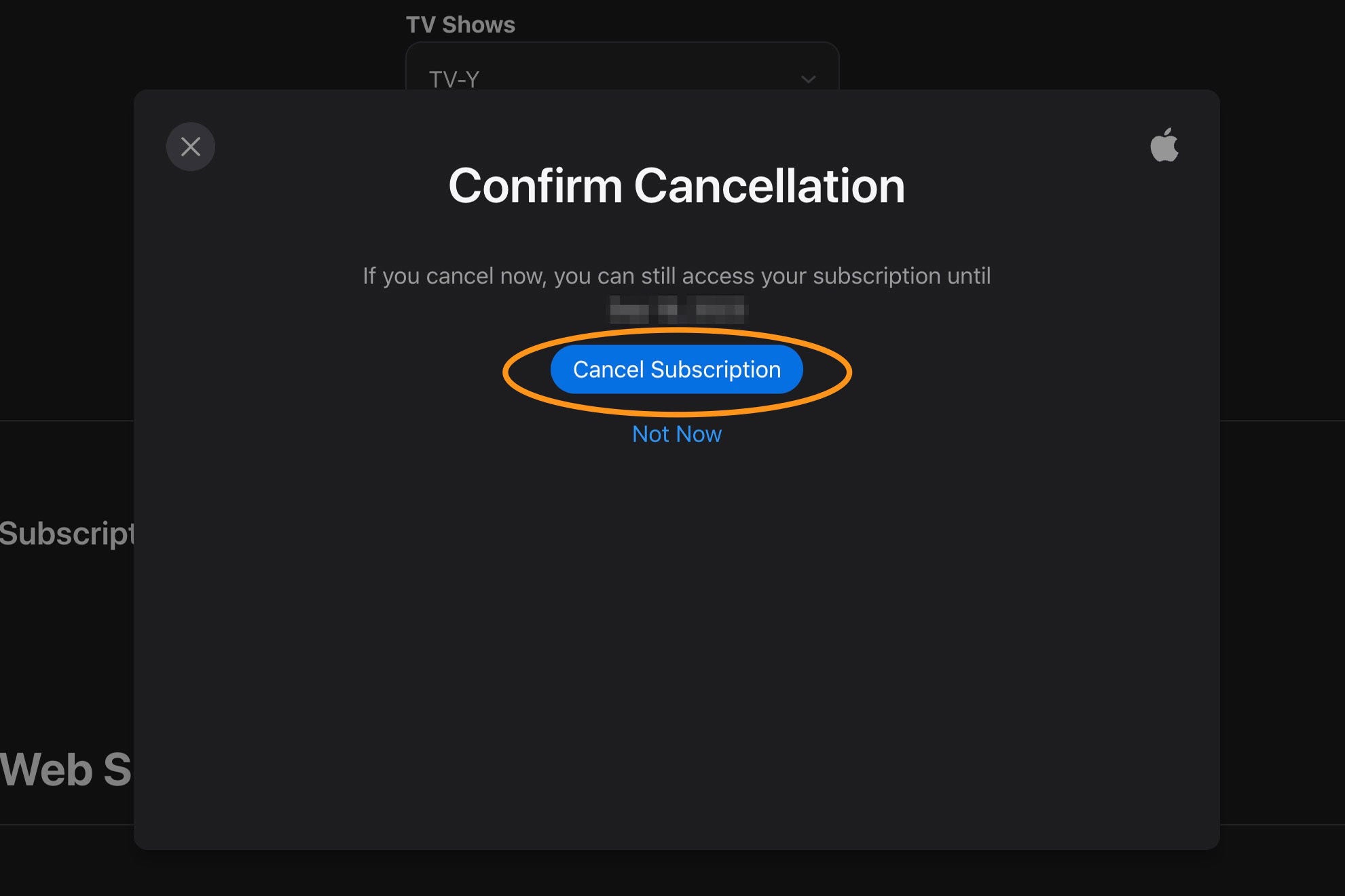 Apple TV internet browser cancel subscription confirmation page