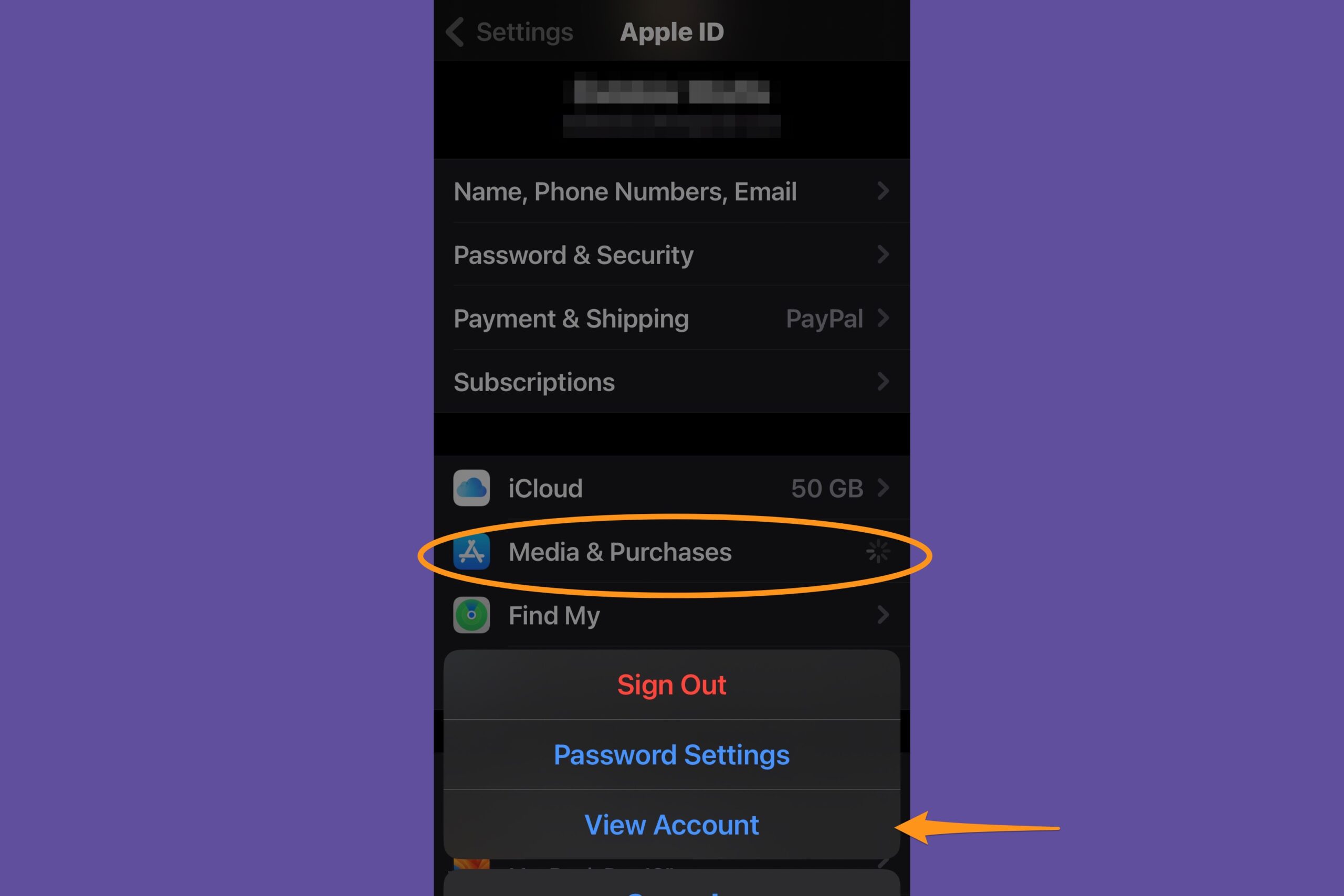 iPhone settings screen with media and purchases circled 
