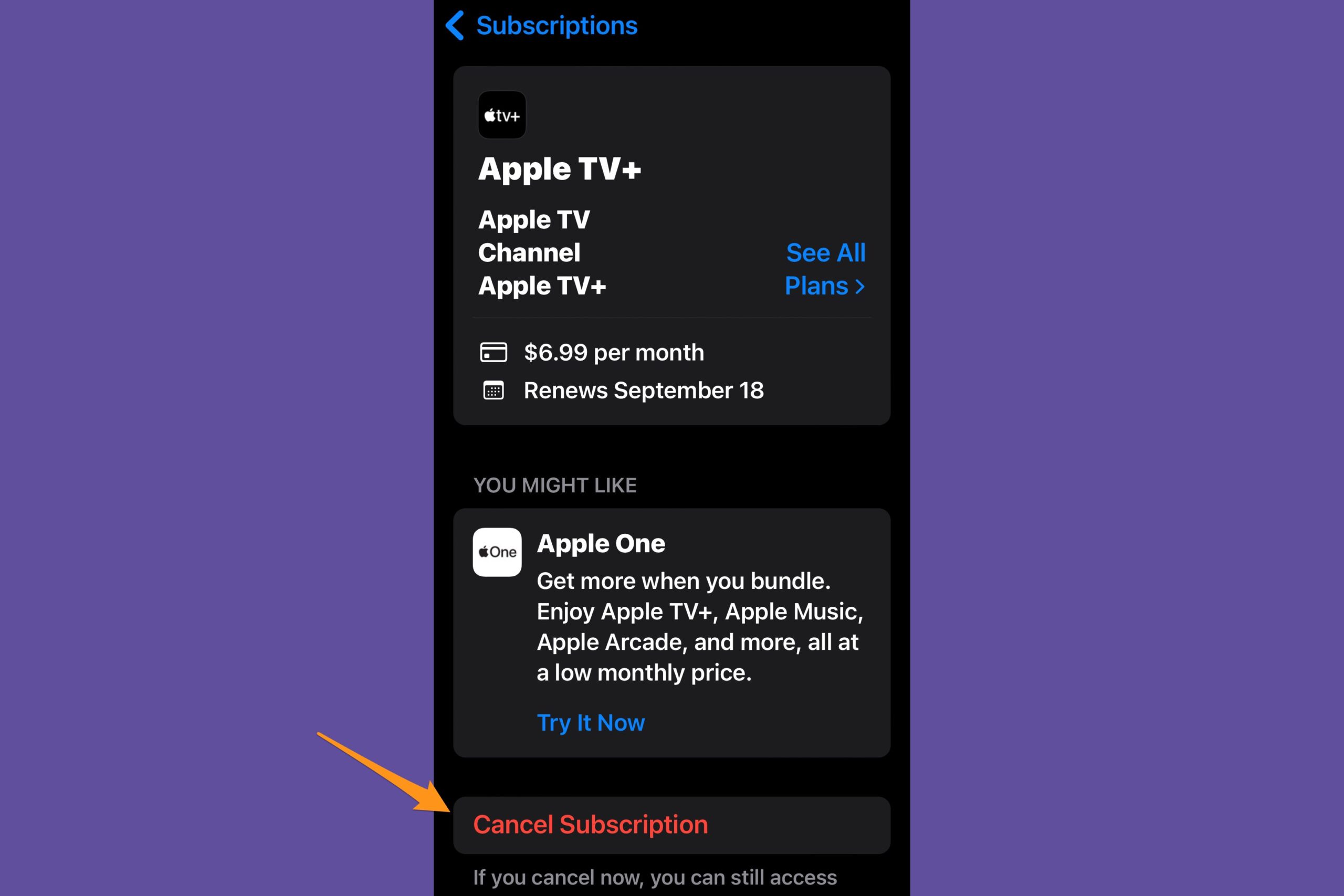 iPhone settings screen of Apple TV+ 'cancel subscription' highlighted