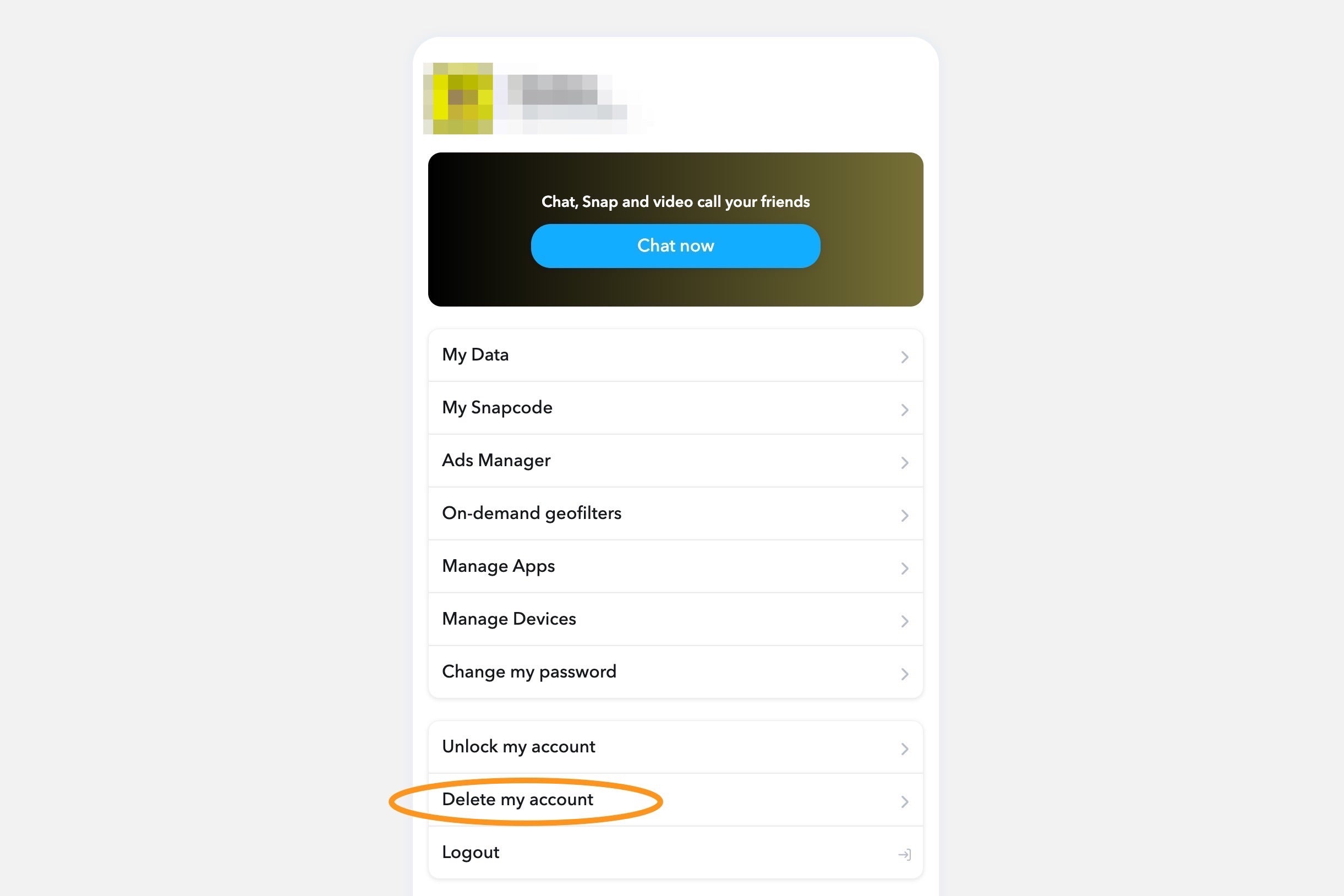 Snapchat's web profile screen, showing where to find the option to delete your Snapchat account.