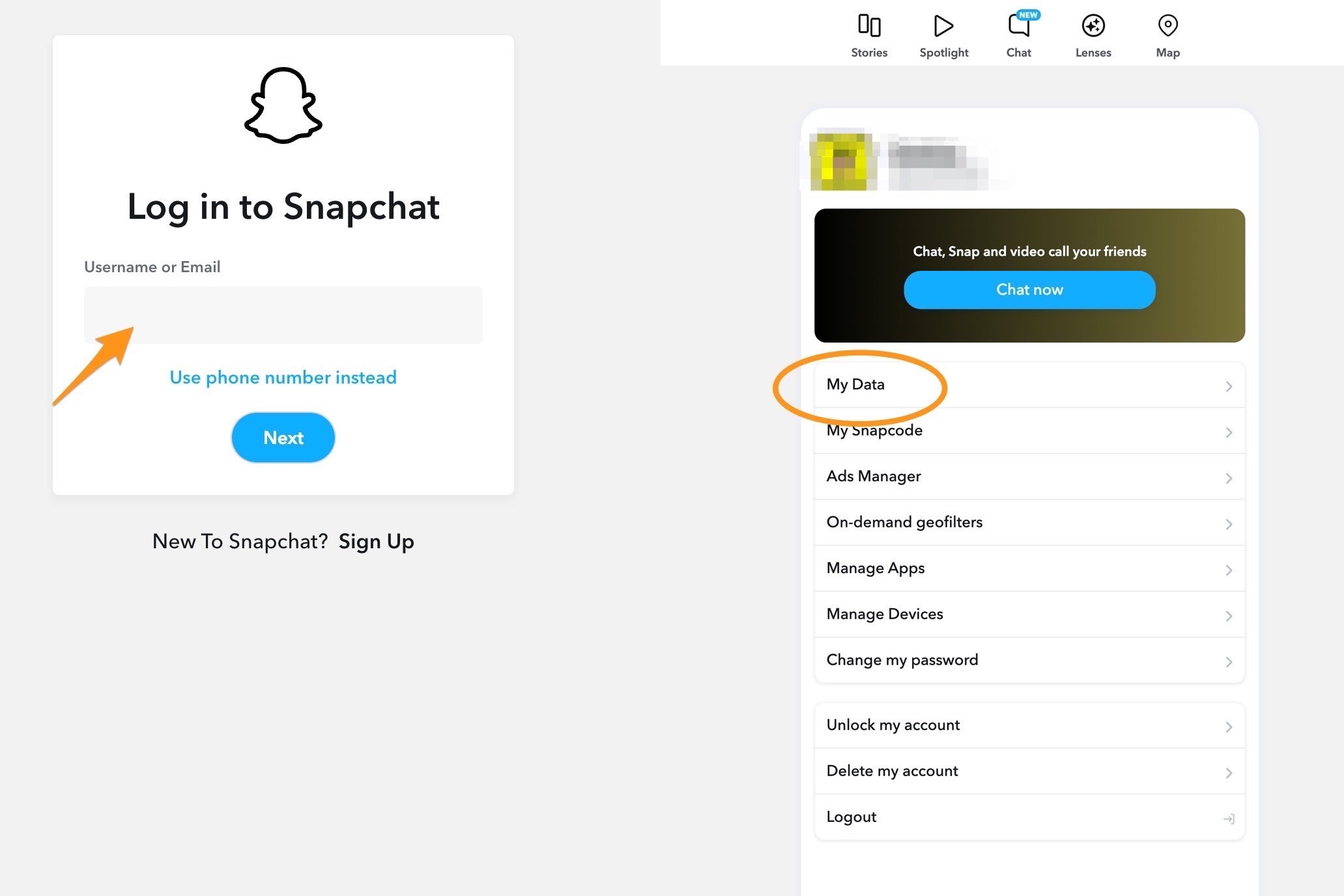 Snapchat's profile screen in a web browser.