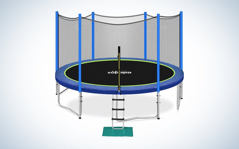 A Zupapa round trampoline on a blue and white background
