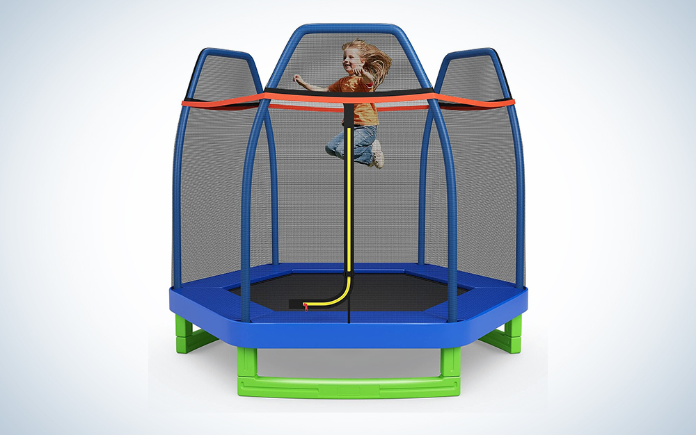 A Giantex trampoline on a blue and white background