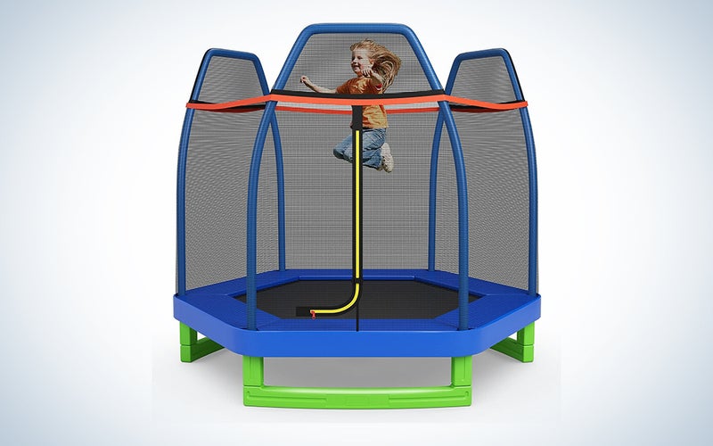 A Giantex trampoline on a blue and white background