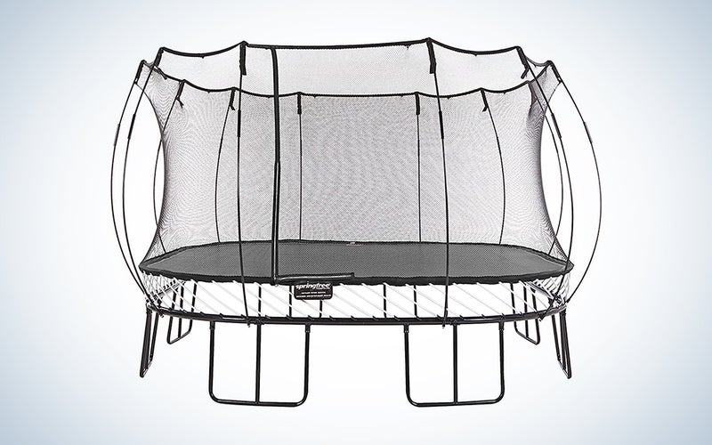 A Springfree springless trampoline on a blue and white background