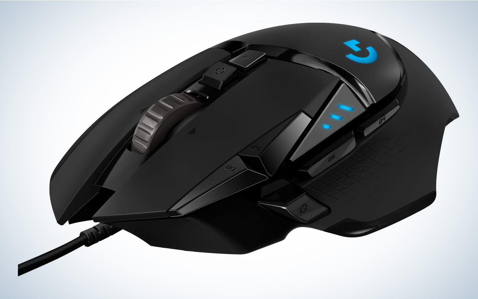 Logitech G502 Hero gaming mouse on a plain background