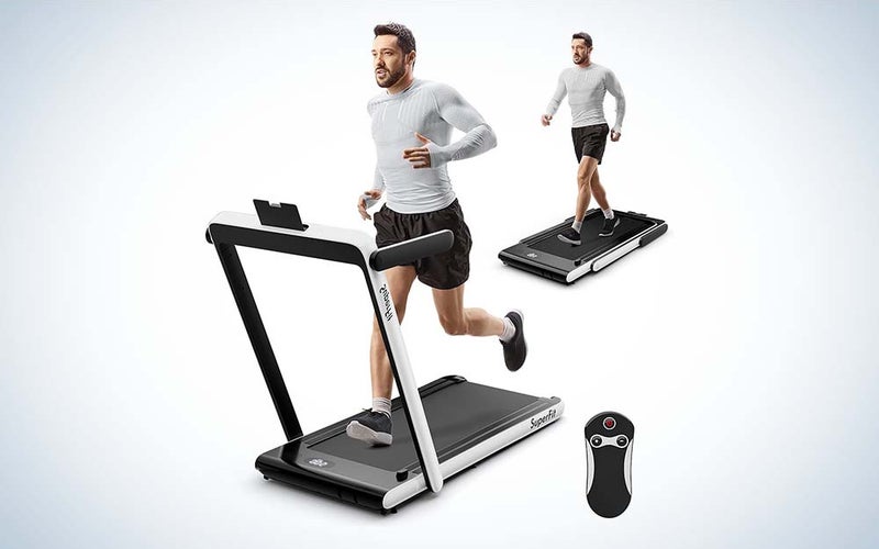 A man in a gray shirt and black shorts running on a treadmill and the same man walking on a treadmill behind him.
