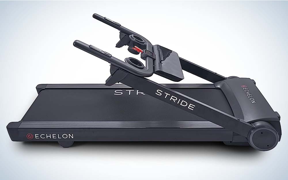 A black treadmill by Echleon partially folded down.
