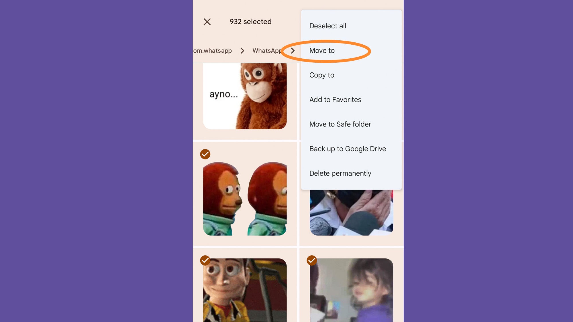 Menu showing how to move WhatsApp stickers to a new folder.