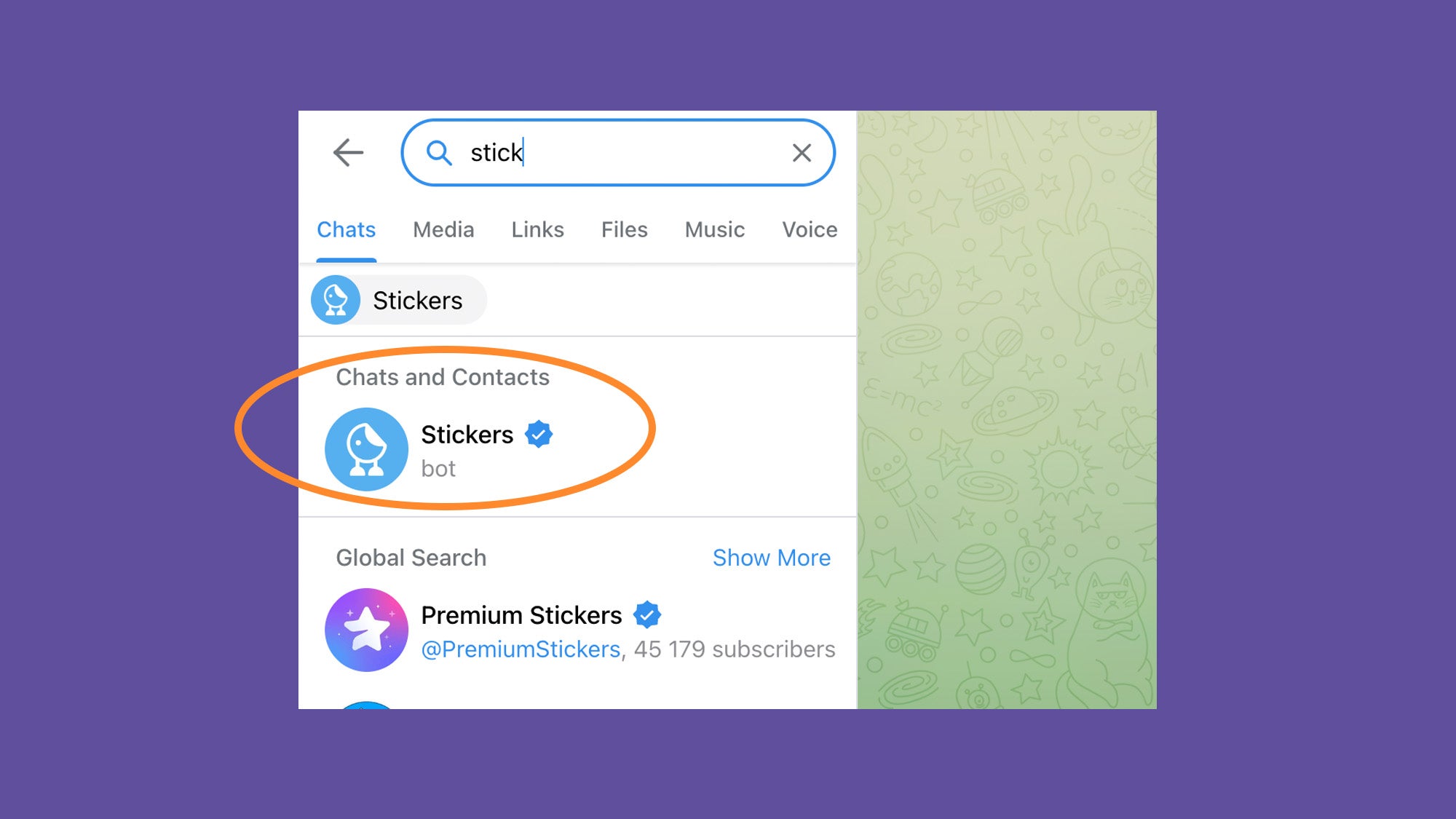 Android search results showing Telegram's Sticker bot