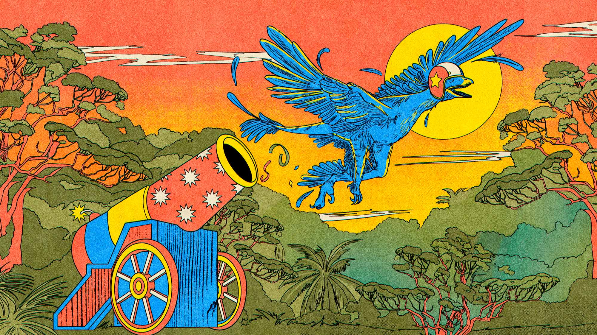 Microraptor wearing helmet is shot out of a circus cannon to represent how dinosaurs evolved to fly. Illustration in red, yellow, blue, and green.