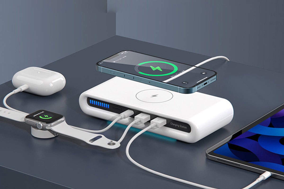 A wireless charging station charging multiple devices