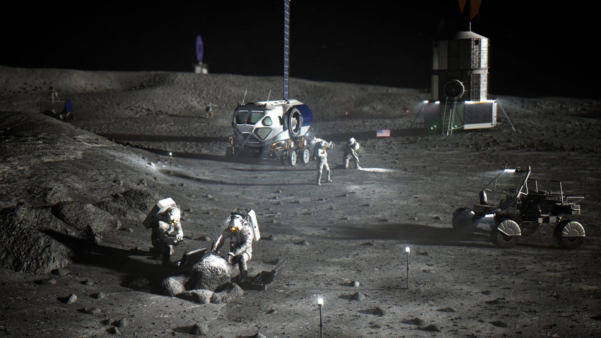 Concept art of Artemis lunar base with astronauts