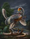 An artist's illustration of the 150-million-year-old avialan theropod Fujianvenator prodigiosus. CREDIT: ZHAO Chuang
