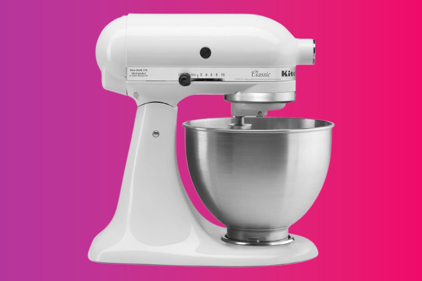 A white KitchenAid mixer on a purple and red gradient background