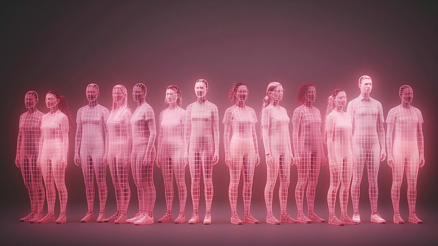 row of people undergoing body scan show by having grids projected onto them