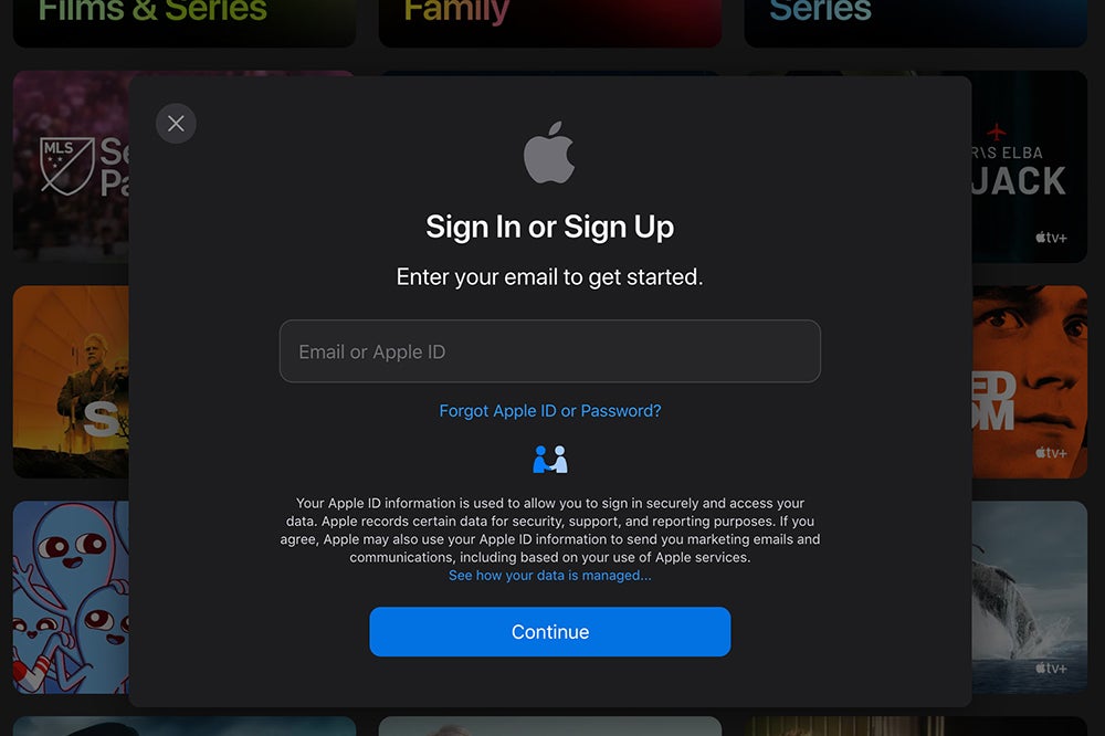 The Apple TV+ sign-in screen in a browser.