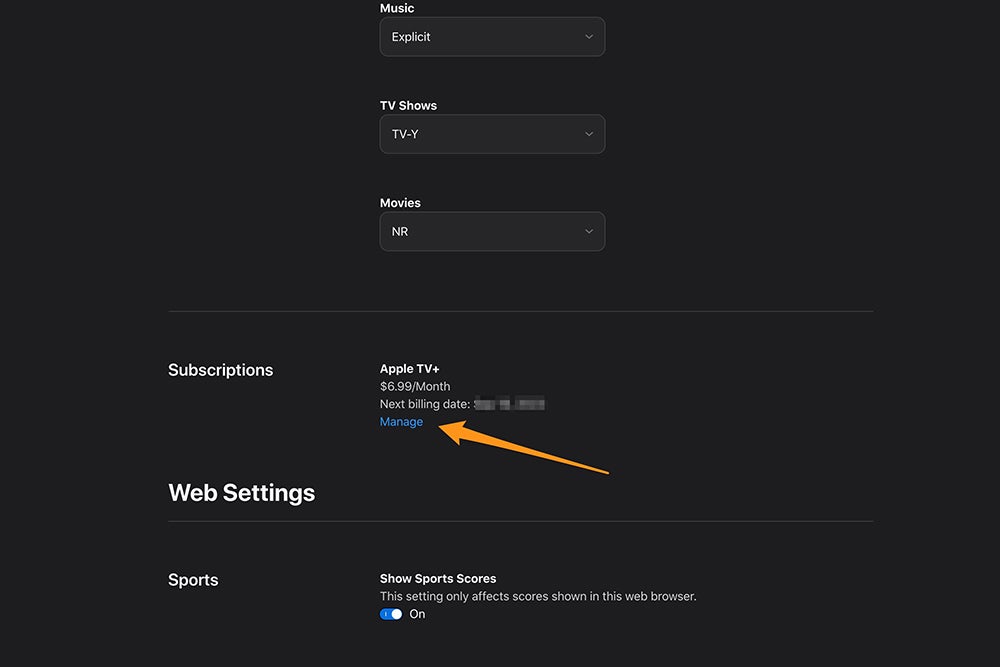 The Apple TV+ app in a browser, showing where to manage your subscription.