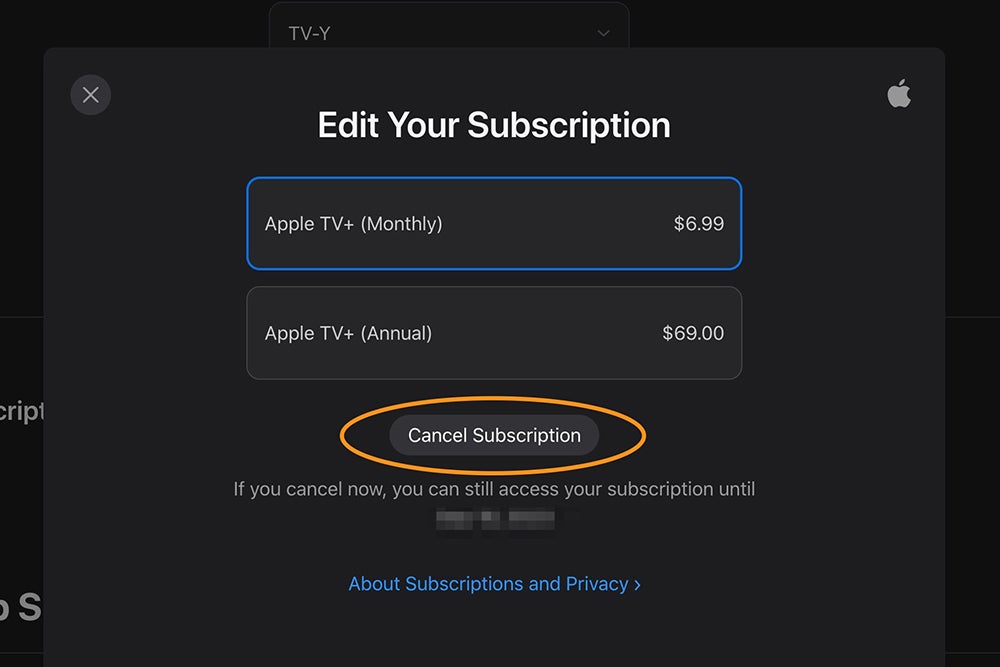 The Apple TV+ app in a browser, showing how to cancel your Apple TV+ subscription.