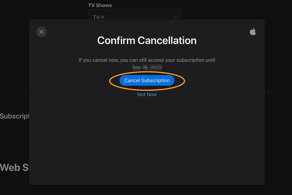 The Apple TV+ app in a browser, showing the confirmation that you want to cancel Apple TV+.
