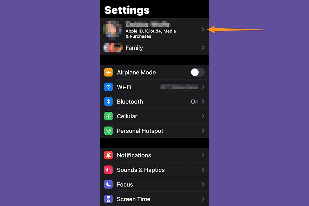 The iPhone settings app, showing where to find your Apple ID.