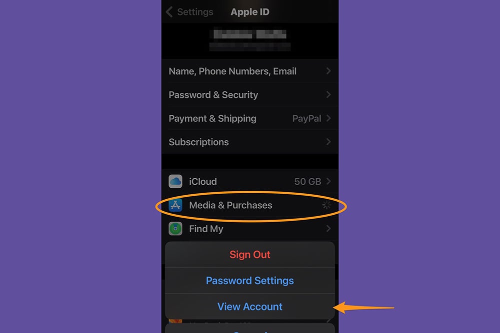 The iOS settings app showing Media & Purchases.