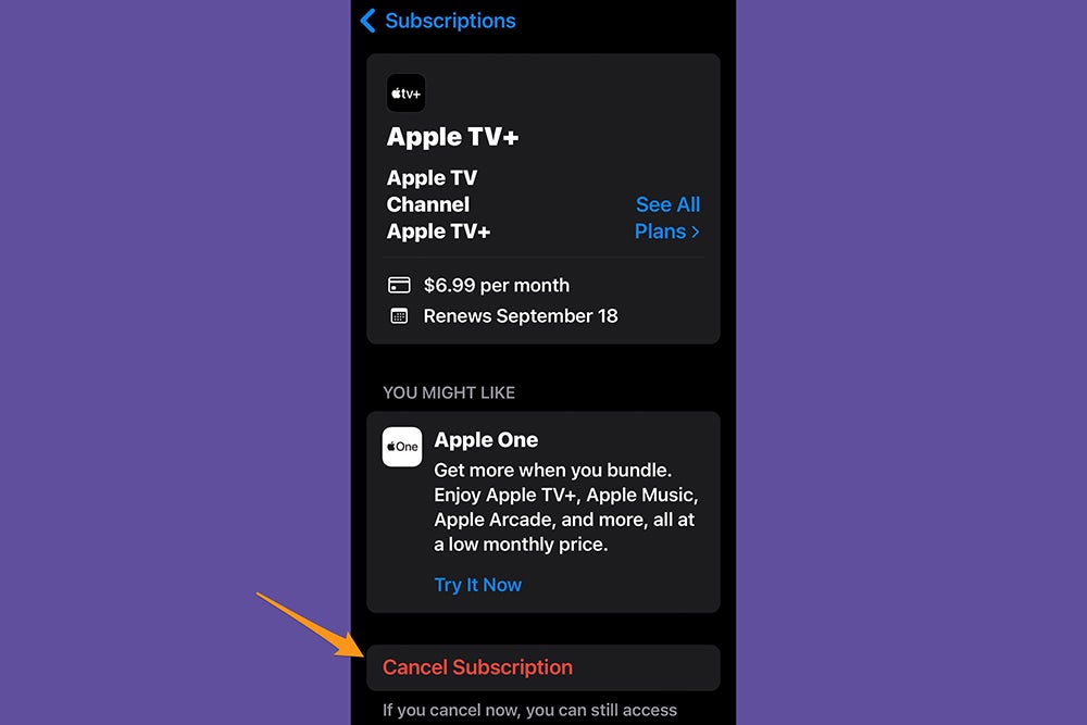 The iOS settings app, showing where to cancel Apple TV+.