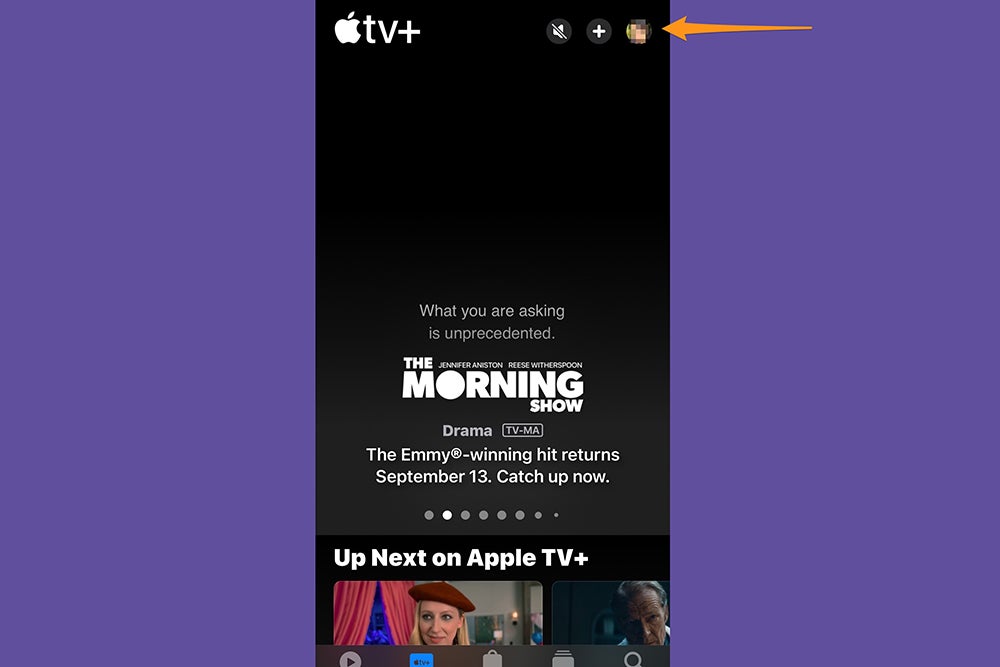 The Apple TV+ app on an iPhone, showing where your profile is.