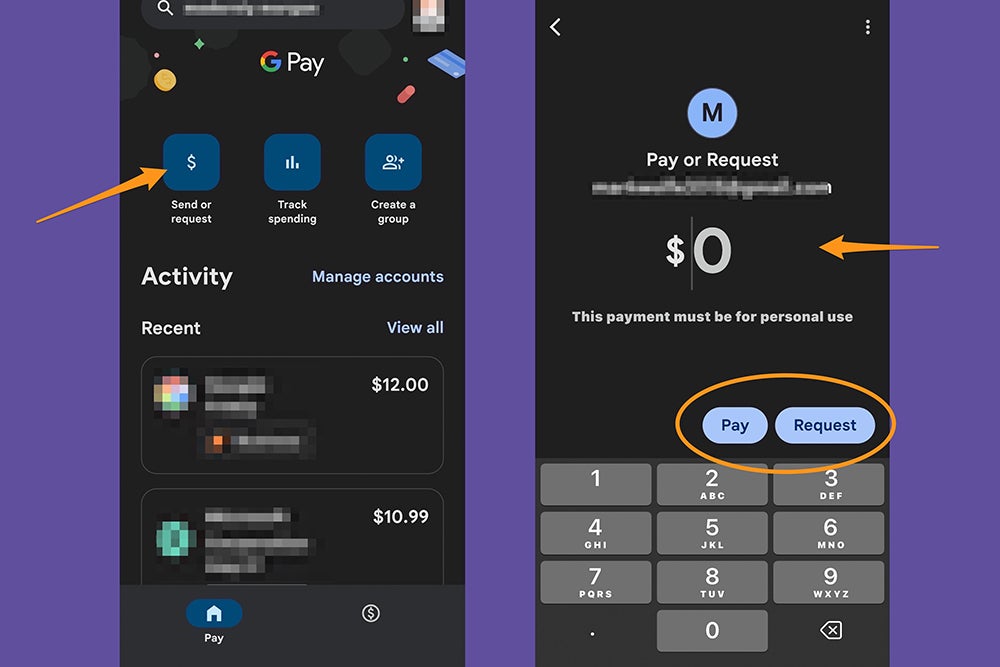 The Google Pay app, showing how to use it to send or request money from another person.