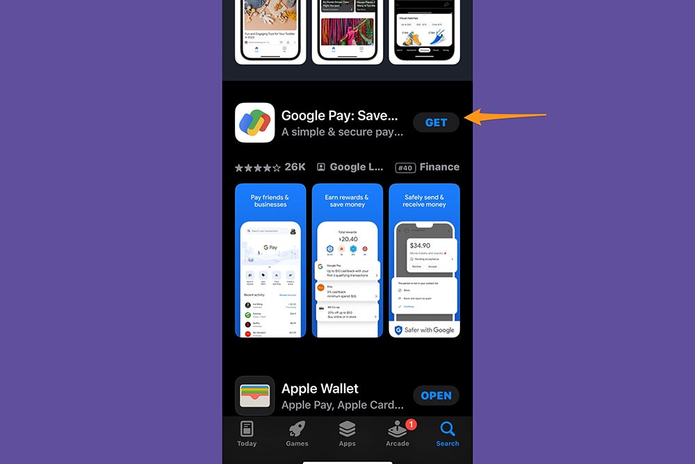 The Google Pay app in the Apple App Store on a mobile phone, showing where to download the app.