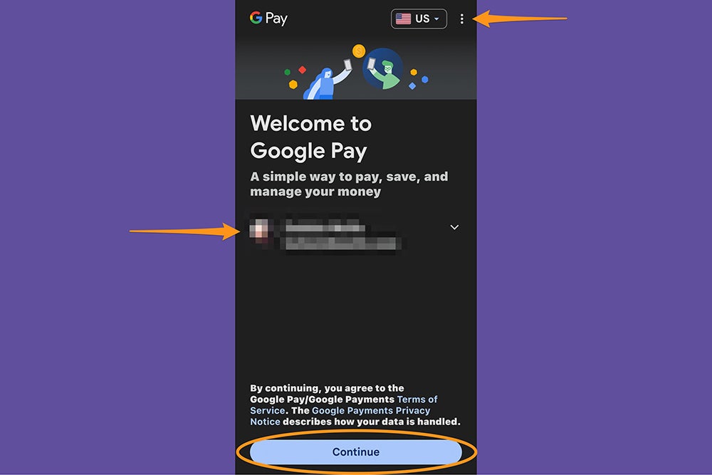 The Google Pay app during setup, showing where to choose your country.
