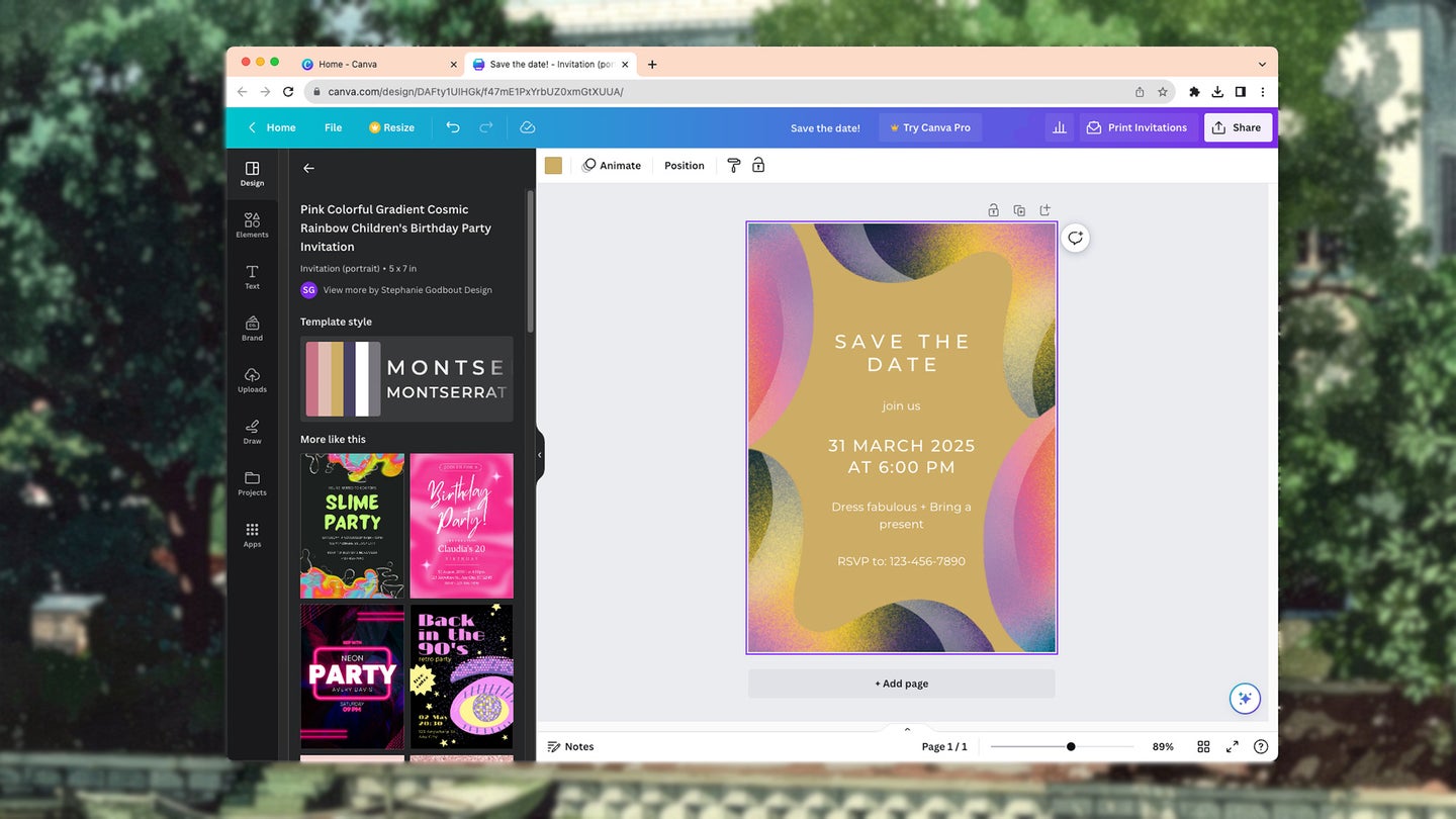 Canva interface showing a newly designed invitation