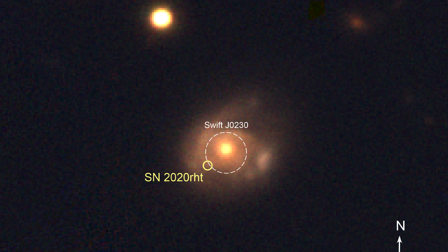 An optical image of the galaxy in which the new event occurred, taken from archival PanSTARRS data. The X-ray object was located to somewhere inside the white circle, which is about the size a pinhead 100m away would appear. The position of a 2 year old supernova is also shown.