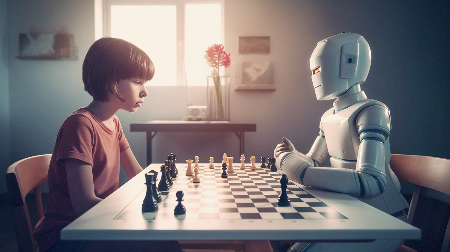 child and robot sit at chess table playing game