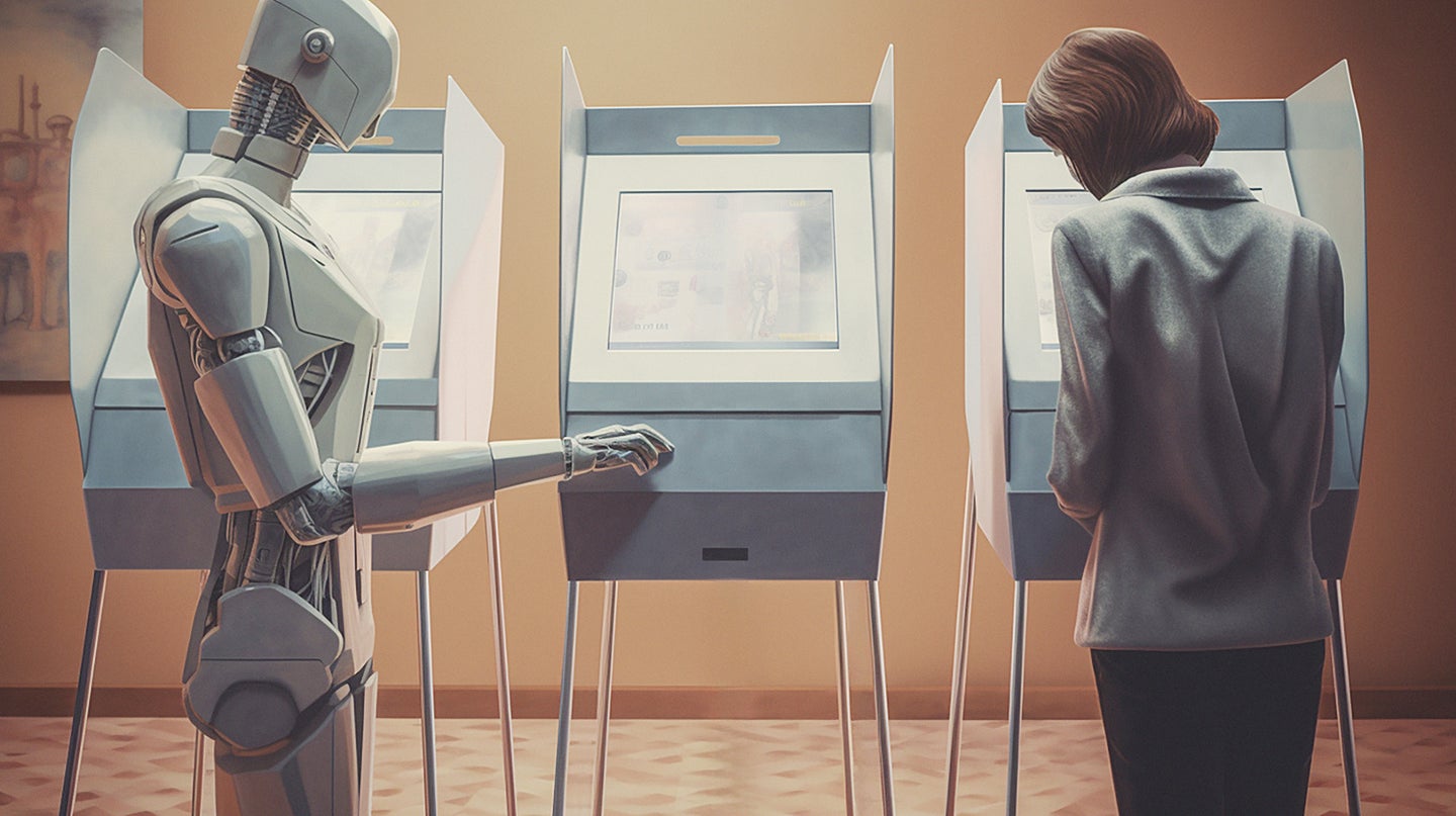 robot approaches voting booth next to person who is voting